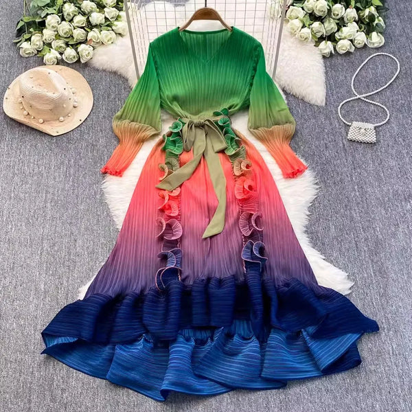 Ruffles Splice Gradient Color Pleated Dresses