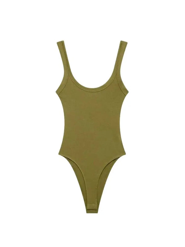 Skinny Ribbed Bodysuits O Neck, Straps, Snap-Button