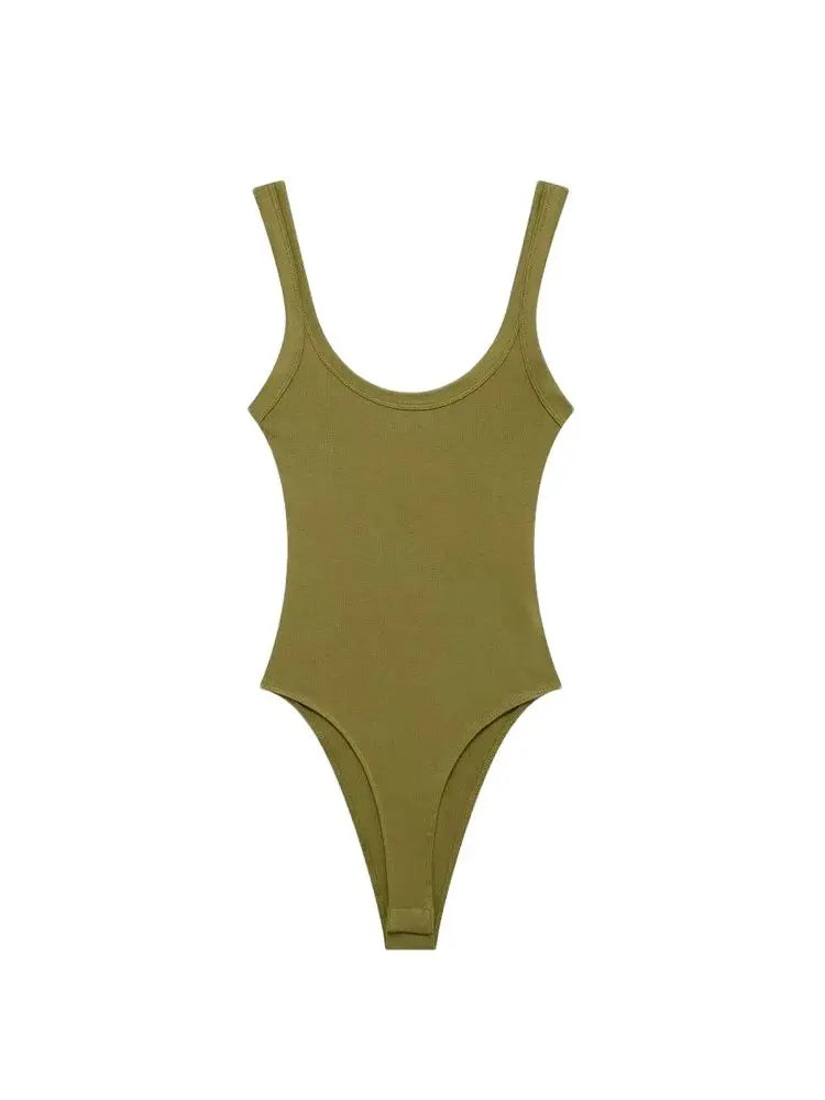 Skinny Ribbed Bodysuits O Neck, Straps, Snap-Button