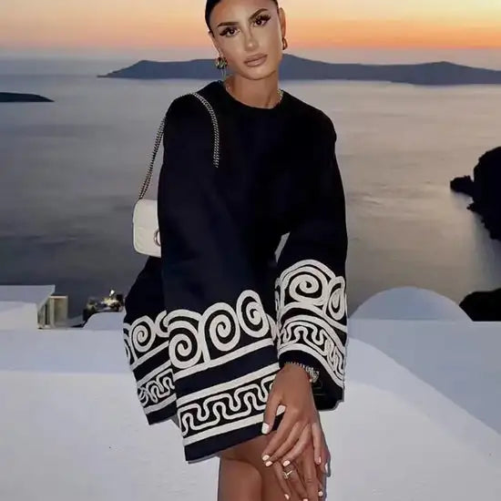 Embroidery Patchwork Round Neck Long Sleeve Pleated Mini Chic Dress