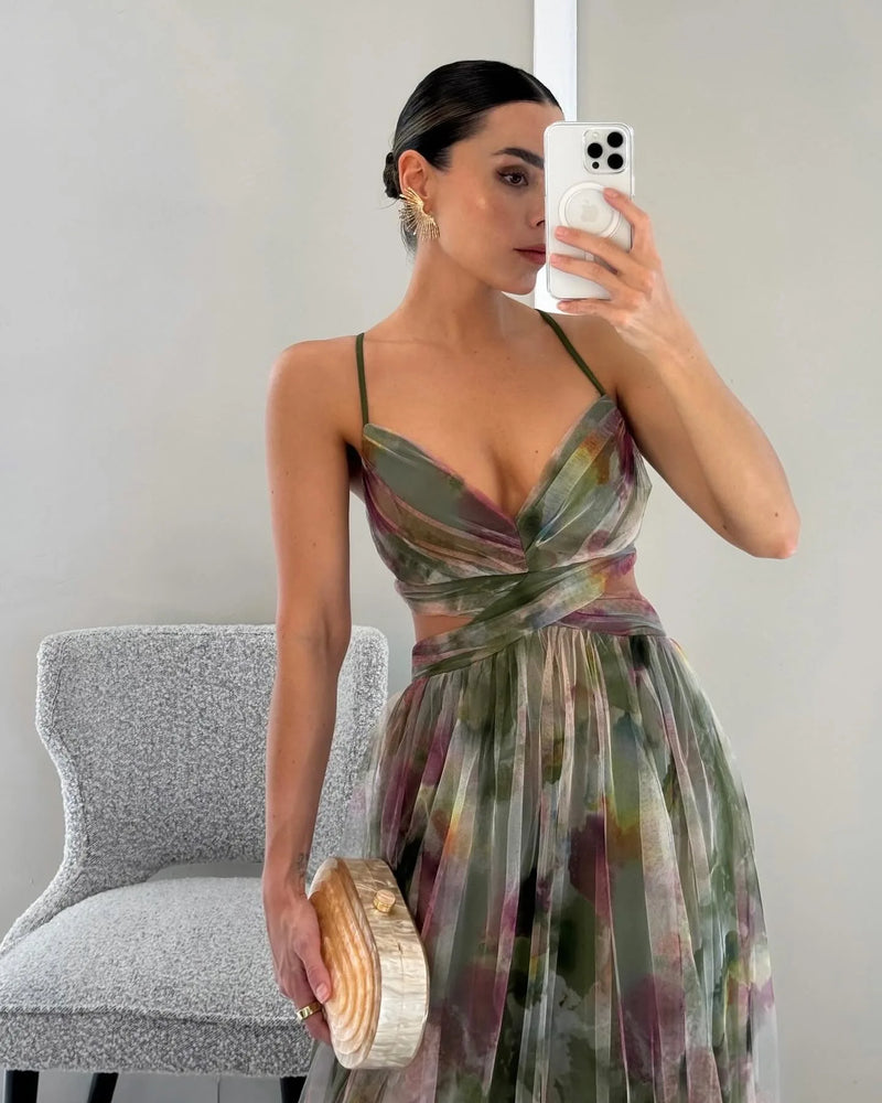 Elegant Floral Suspender Long Dress