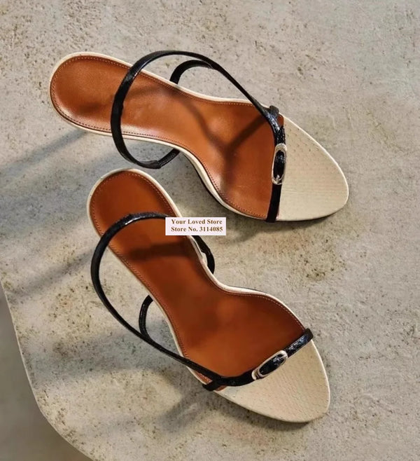 Beige Black Snakeskin Patchwork Sandals