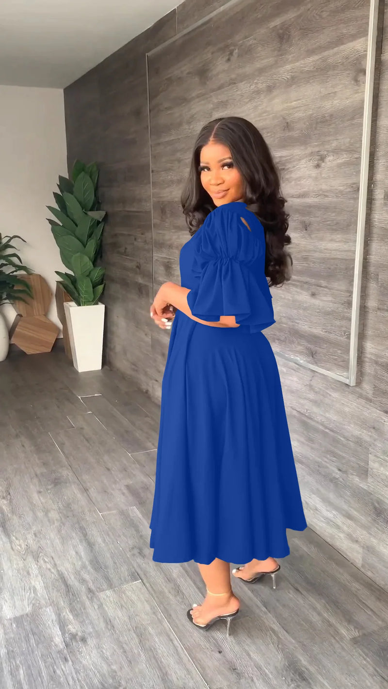 Vintage Criss Cross Open Back Lantern Half Sleeve V-neck Dress