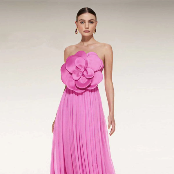 Strapless Soft Chiffon Long Party Dress with Handmade Flower