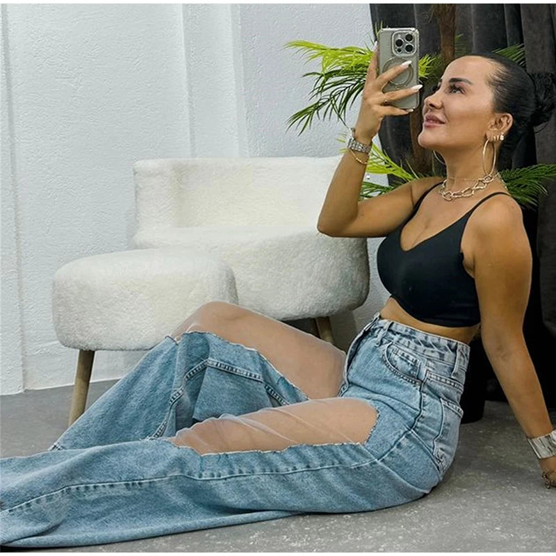 Blue Denim With Sheer Mesh Knee Panels Hip Hop Style