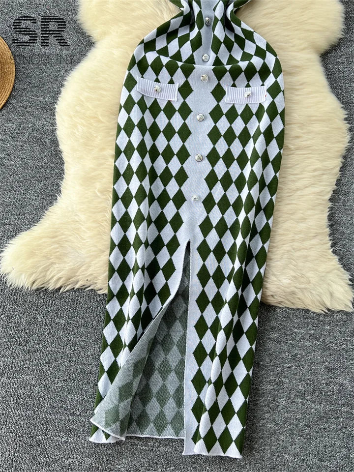 SINGREINY Argyle Split Knitted Dress