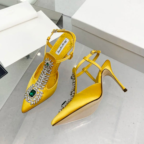 Rhinestone Pointed Toe High Heels Satin