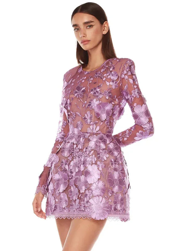 Purple Flower Embroidered O Neck Log Sleeves High Waist Floral Dress