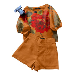 Elegant Short Sleeve Floral Blouse Tracksuit