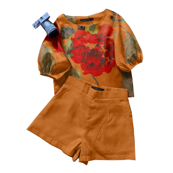Elegant Short Sleeve Floral Blouse Tracksuit