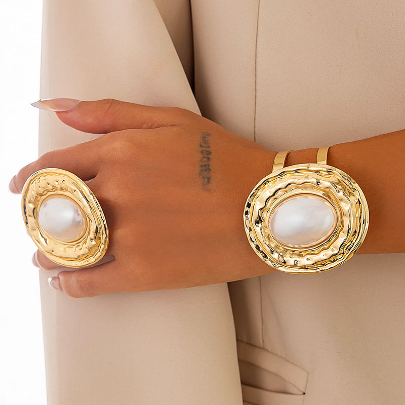 2Pcs/Set Exaggerated Circle Chunky Adjustable Open Cuff Bangles Imitation Pearl Rings