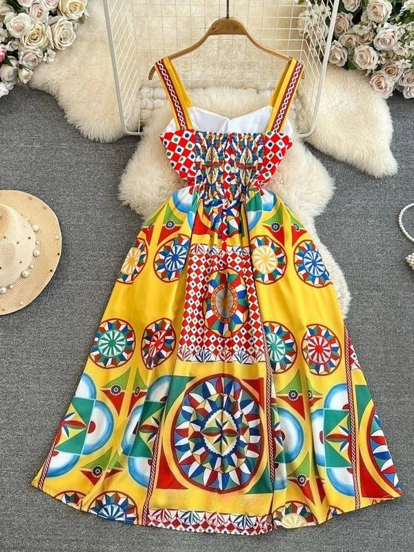 Sling Strapless Sleeveless Print Floral A Line Dress