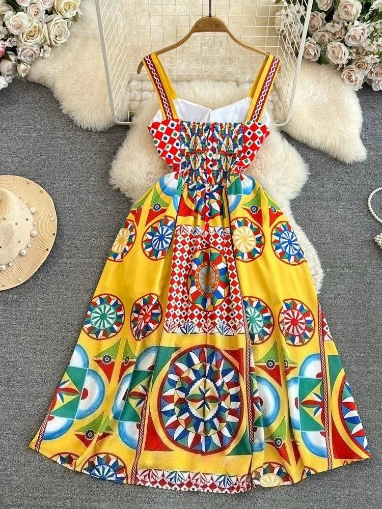 Sling Strapless Sleeveless Print Floral A Line Dress