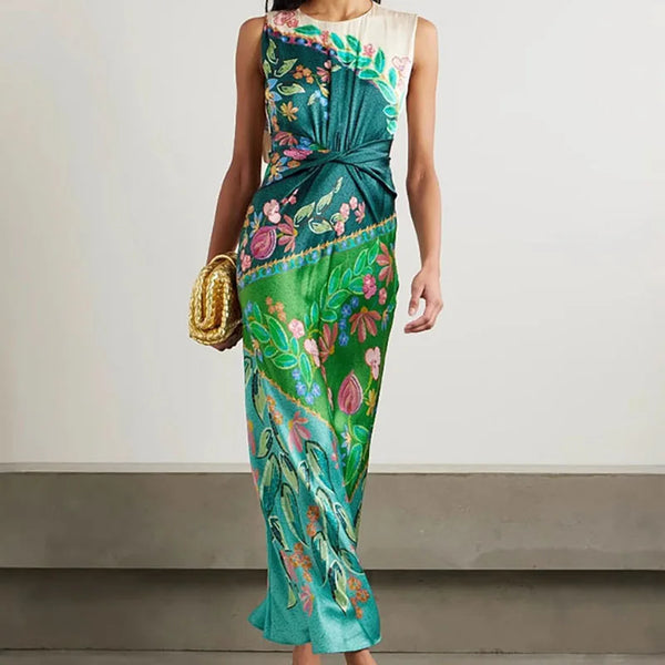 Retro Printed Satin Twisted O Neck Zippers Boho Dress