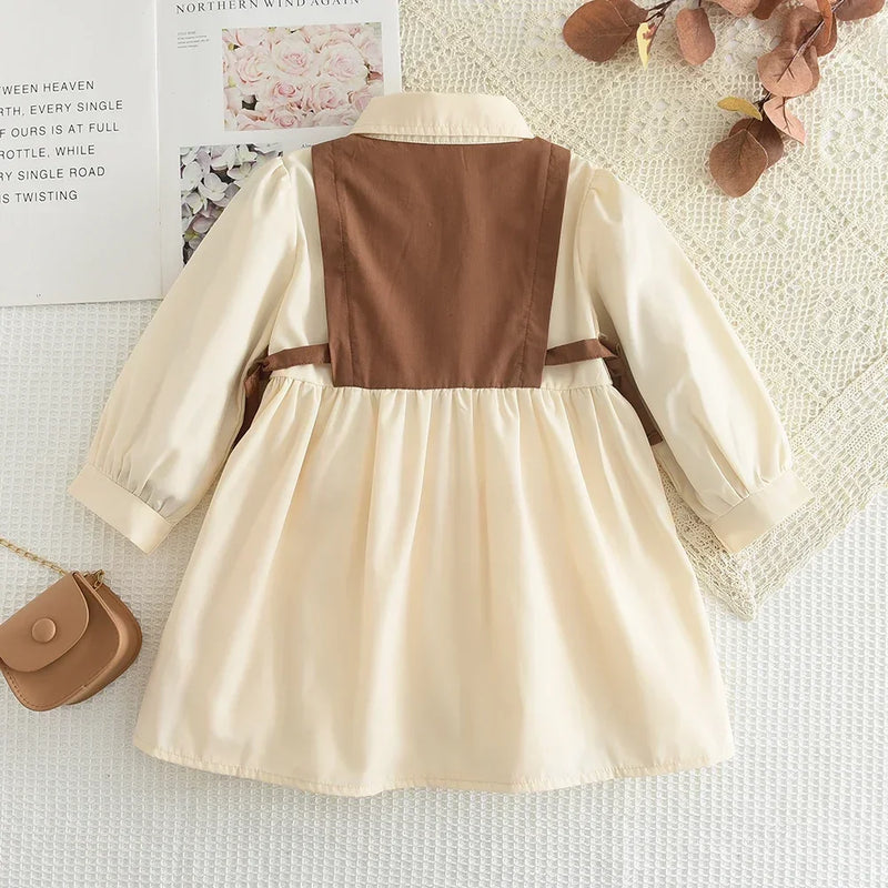 3 To 7 Years Old Long Sleeved Blocked Lapel Button Dress