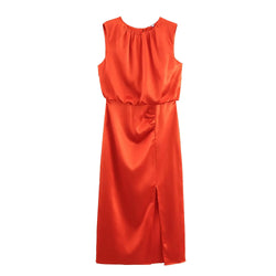 Elegant Pleated Summer O-neck Sleeveless Slim Dress