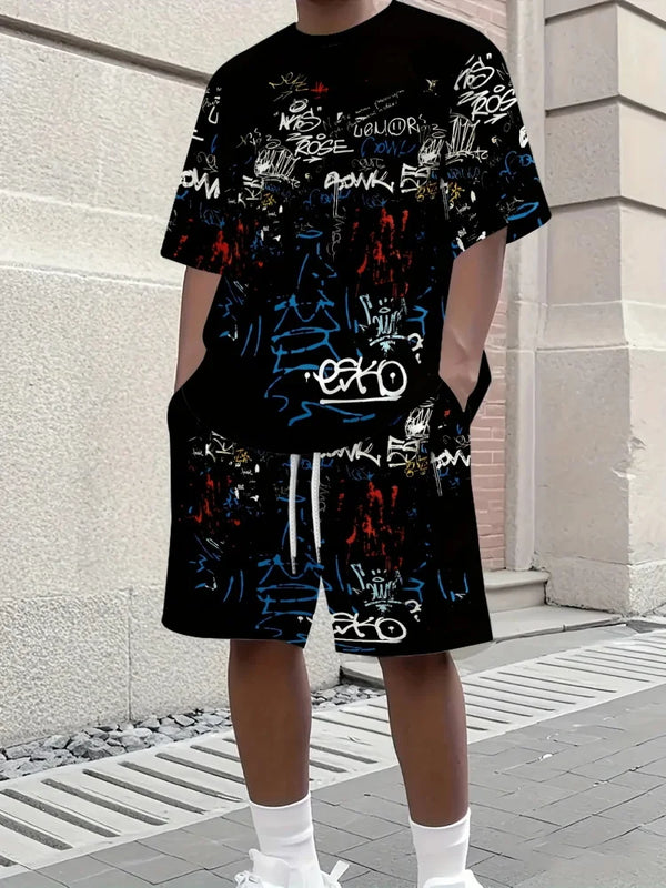 Creative Graffiti Short Sleeve Top Shorts Two-piece Set