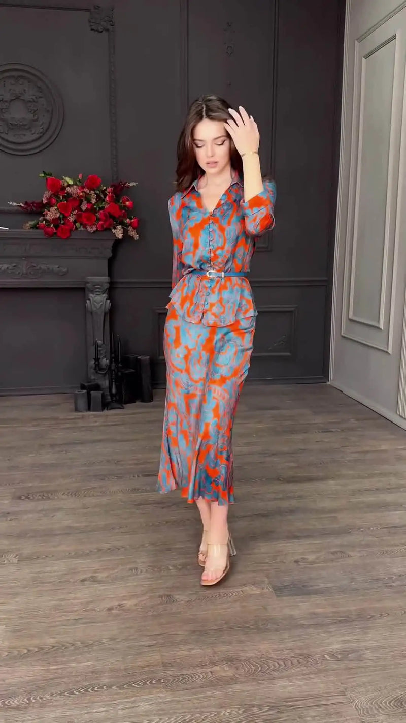 Two Piece Printed Shirt Single Breasted Long Skirt set