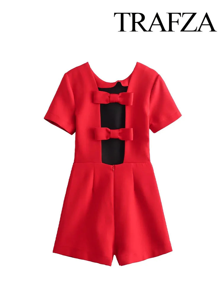 Chic Jumpsuits Red O-Neck Short Sleeves Back Hollow Out