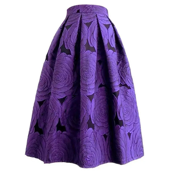Purple Floral Elegant Chic High Waist Knee-Length Long Skirt