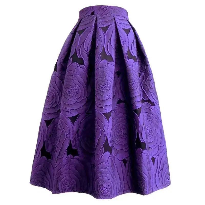 Purple Floral Elegant Chic High Waist Knee-Length Long Skirt