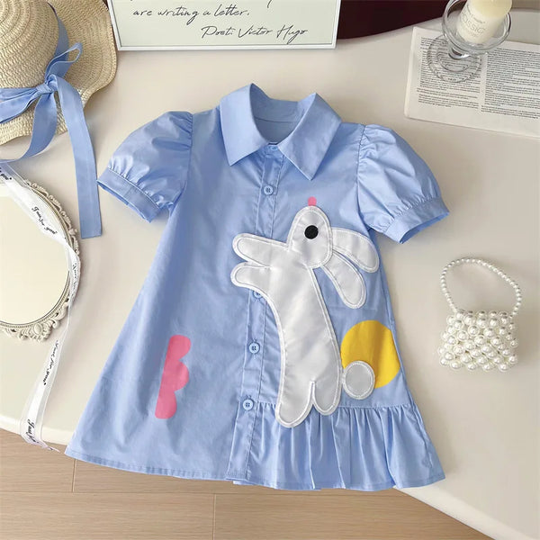 Cute Cartoon Bunny Short Sleeve Shirt Dress