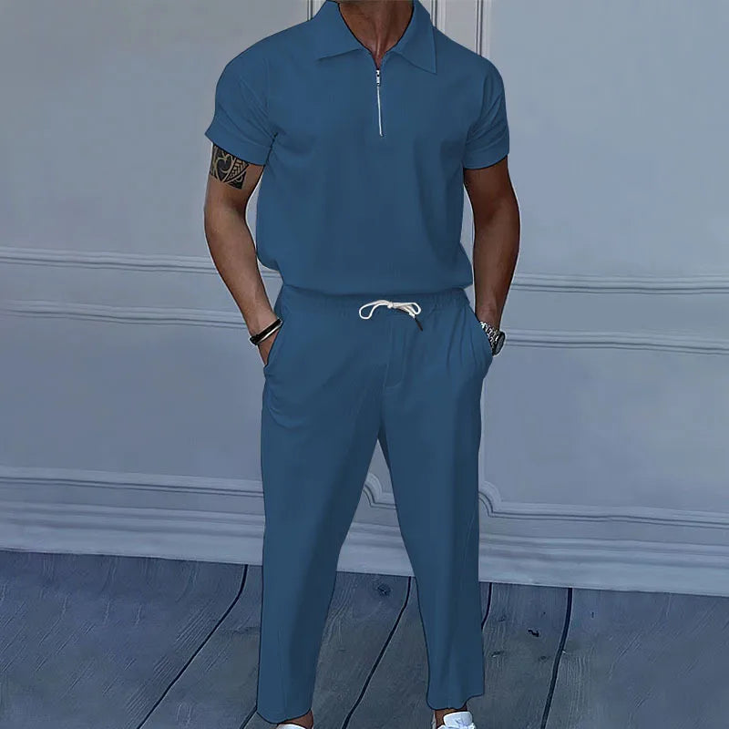 Summer Men's solid color suit lapel short sleeve zipper trouser suit
