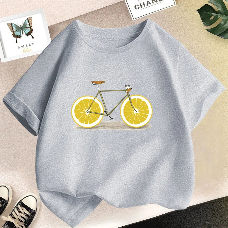 Cute Lemon Fruit Cartoon Bike Printed Tops Tee Short Sleeve
