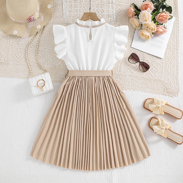 Elegant White Petal Sleeves Pleated Khaki Skirt &Bow tie Preppy