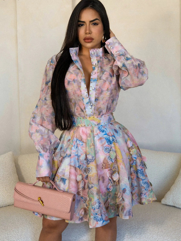Vintage Floral Long Sleeve Shirt Tops and A-line Skirts