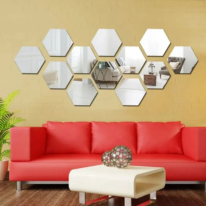 24pcs Hexagon Mirror Gold Self Adhesive Mosaic Tiles Wall Sticker
