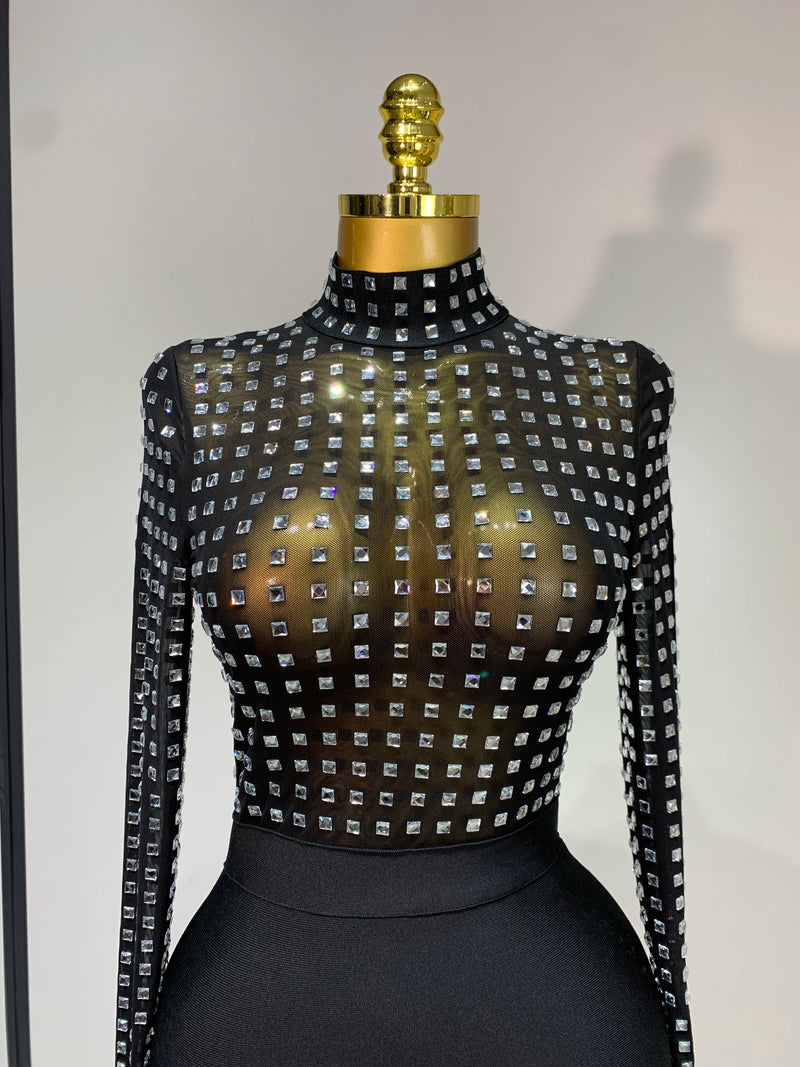 Elegant Turtleneck Rhinestones Black Mesh Bodycon Bandage Dress