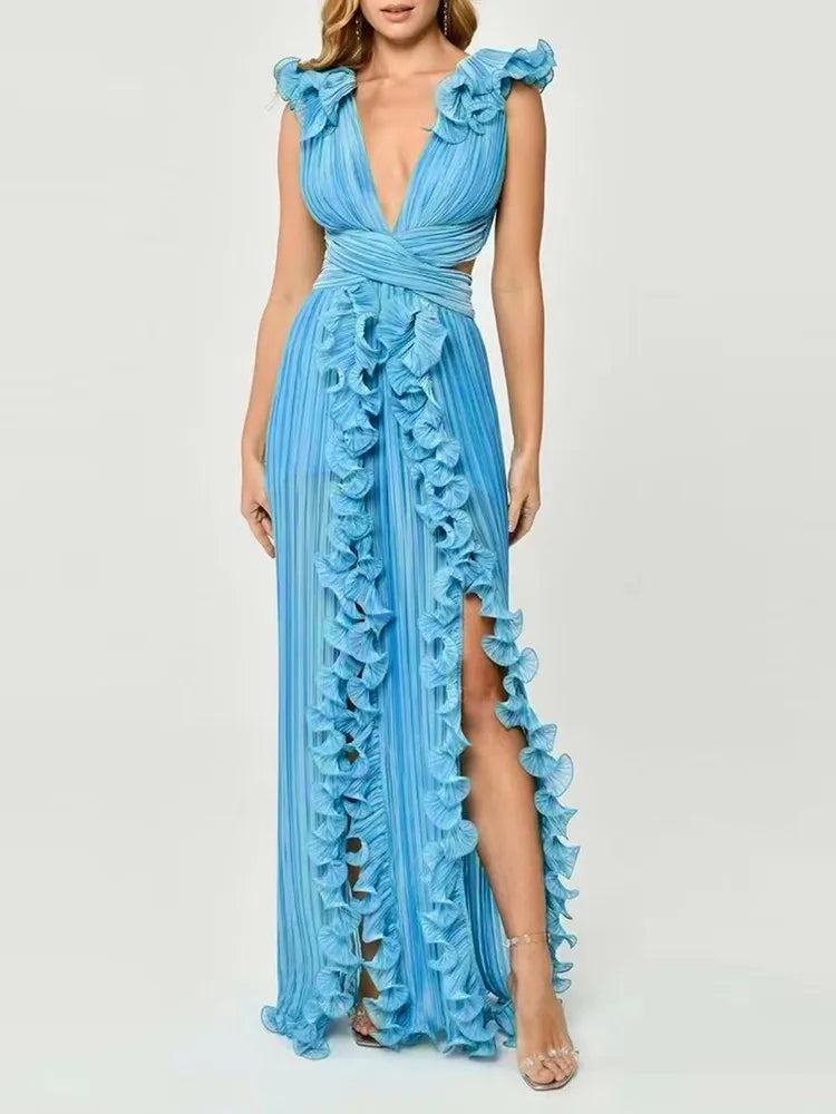 Elegant V Neck Sleeveless High Waist Patchwork Ruffles Split Dress