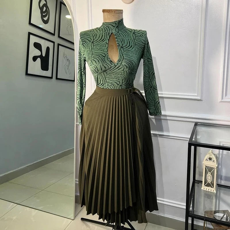 Elegant Pleated Irregular High Waist Buckle Mid-length A-line Skirts