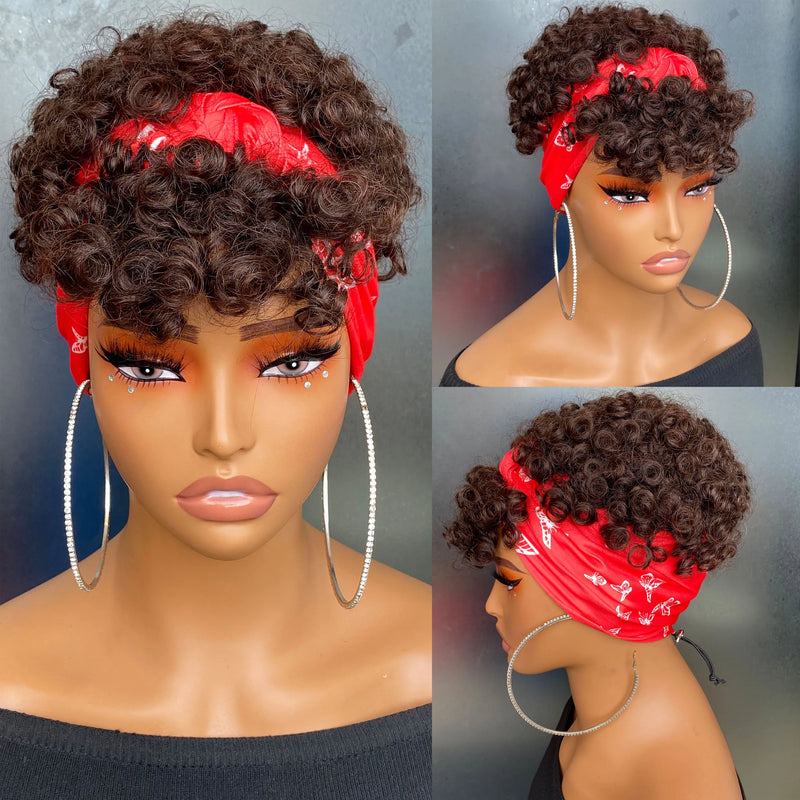 short pixie cut spiral curl with hedband  human hair wig