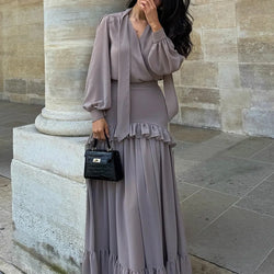 Chiffon Long Sleeved Autumn Skirt Outfit Unique Ruffle Top Party 2pc Set
