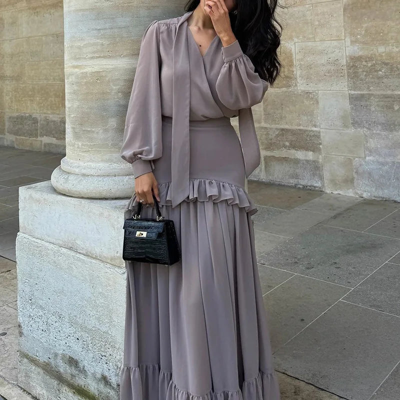 Chiffon Long Sleeved Autumn Skirt Outfit Unique Ruffle Top Party 2pc Set