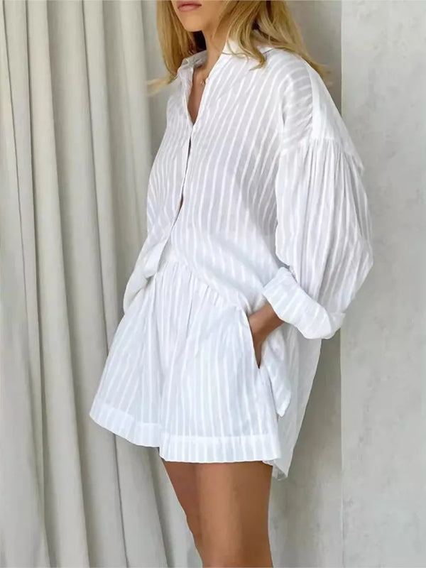 Summer Cotton Two Piece Stripe Long Sleeve Shirts Shorts