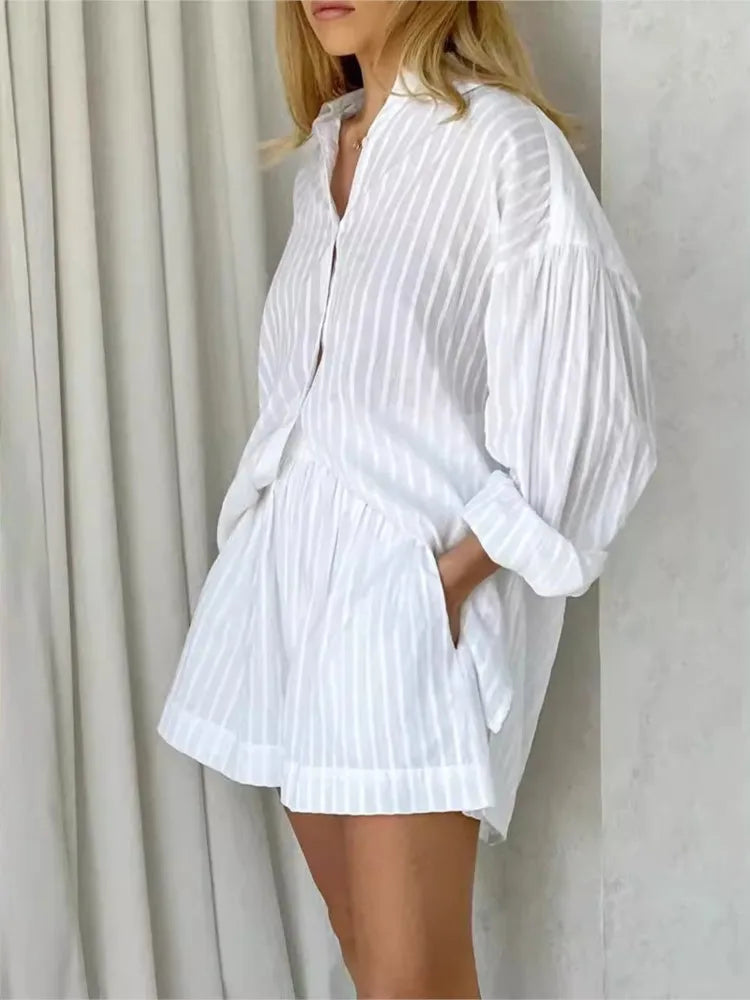 Summer Cotton Two Piece Stripe Long Sleeve Shirts Shorts