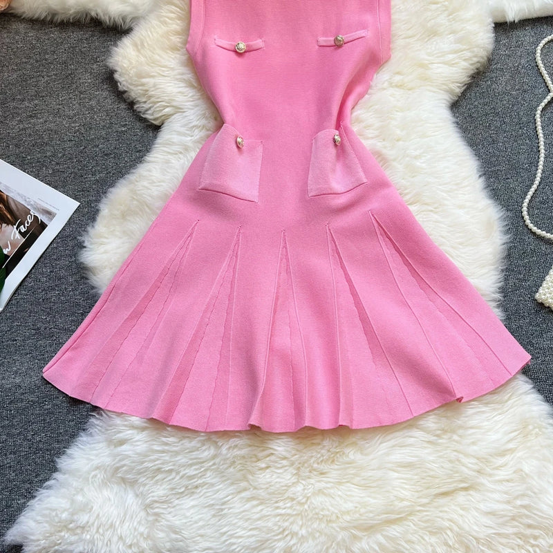 Summer Pleated O-neck Slim Waist A-line Dress