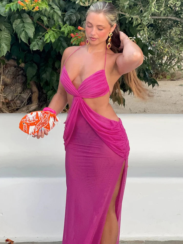 Ruched Coquette V Neck Cross Backless Sleeveless Ruffles Long Dress