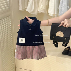 Tank Top Polo Collar Grid pleated Princess Dress