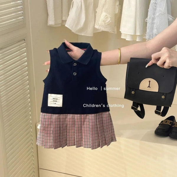 Tank Top Polo Collar Grid pleated Princess Dress