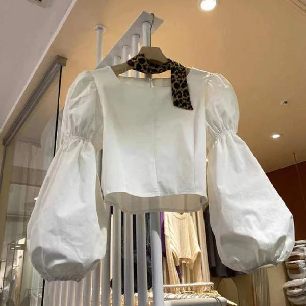 Crop Square Collar Lantern Sleeve Tunic Shirts