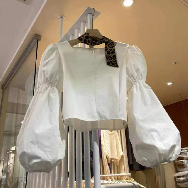 Crop Square Collar Lantern Sleeve Tunic Shirts