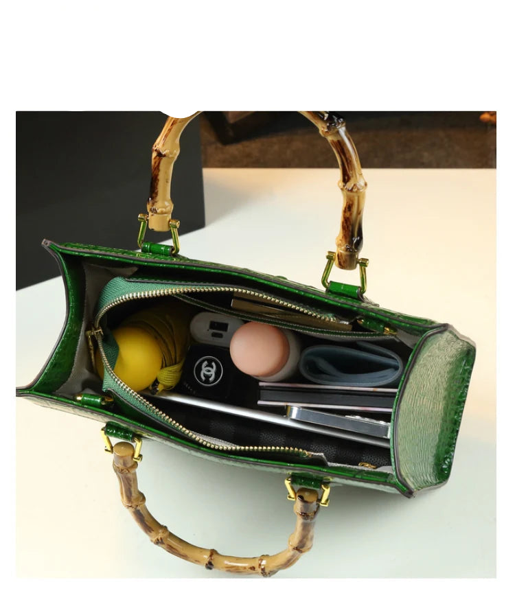 Leather Real Bamboo Crocodile Pattern Handbag