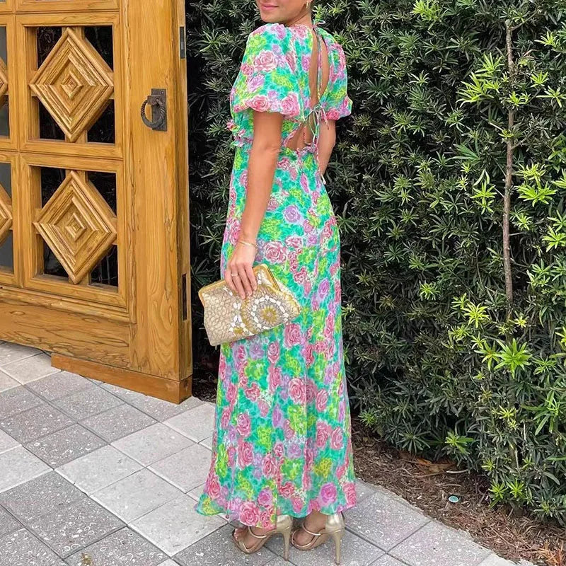 Elegant Backless Hollow Lace-Up Long V-neck Hight Waist Bohemian Dress