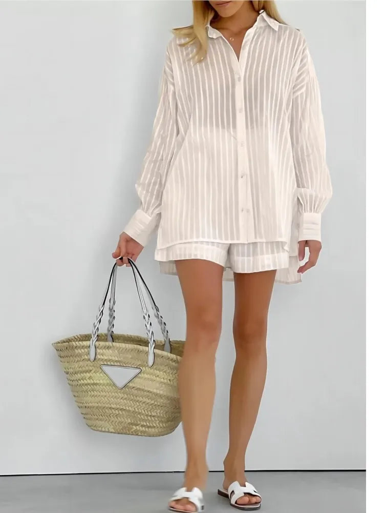Summer Cotton Two Piece Stripe Long Sleeve Shirts Shorts