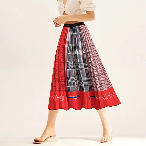Printed elastic mid length A-line pressed pleated skirt