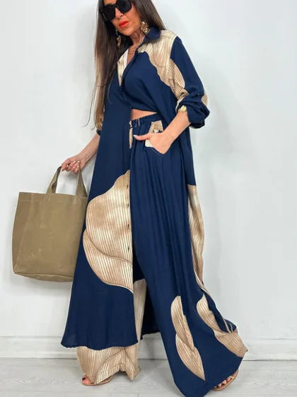 Elegant Printed Long Shirt Top + Wide Leg Pants 2-pieces